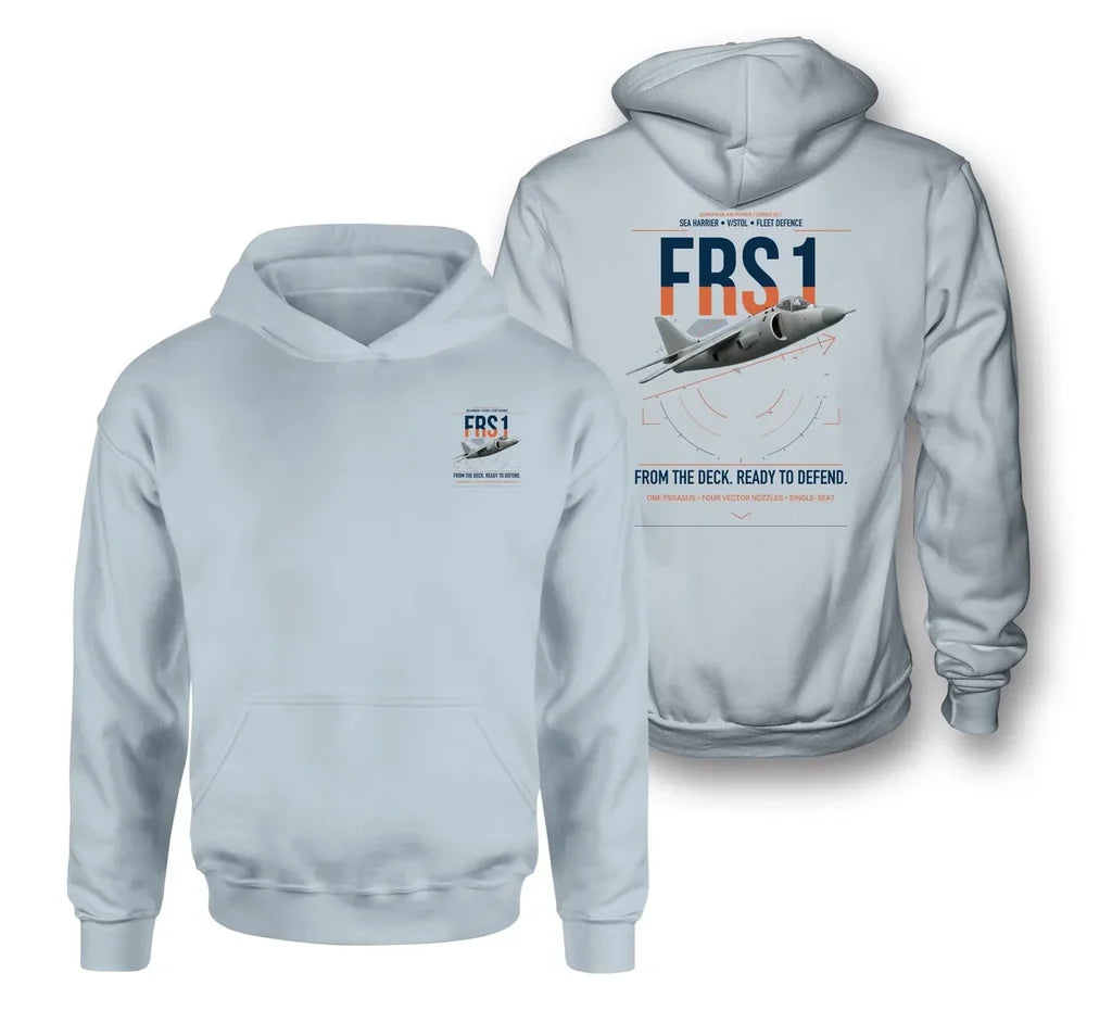 British Aerospace Sea Harrier FRS.1 design on light blue double-side hoodie, double-side print