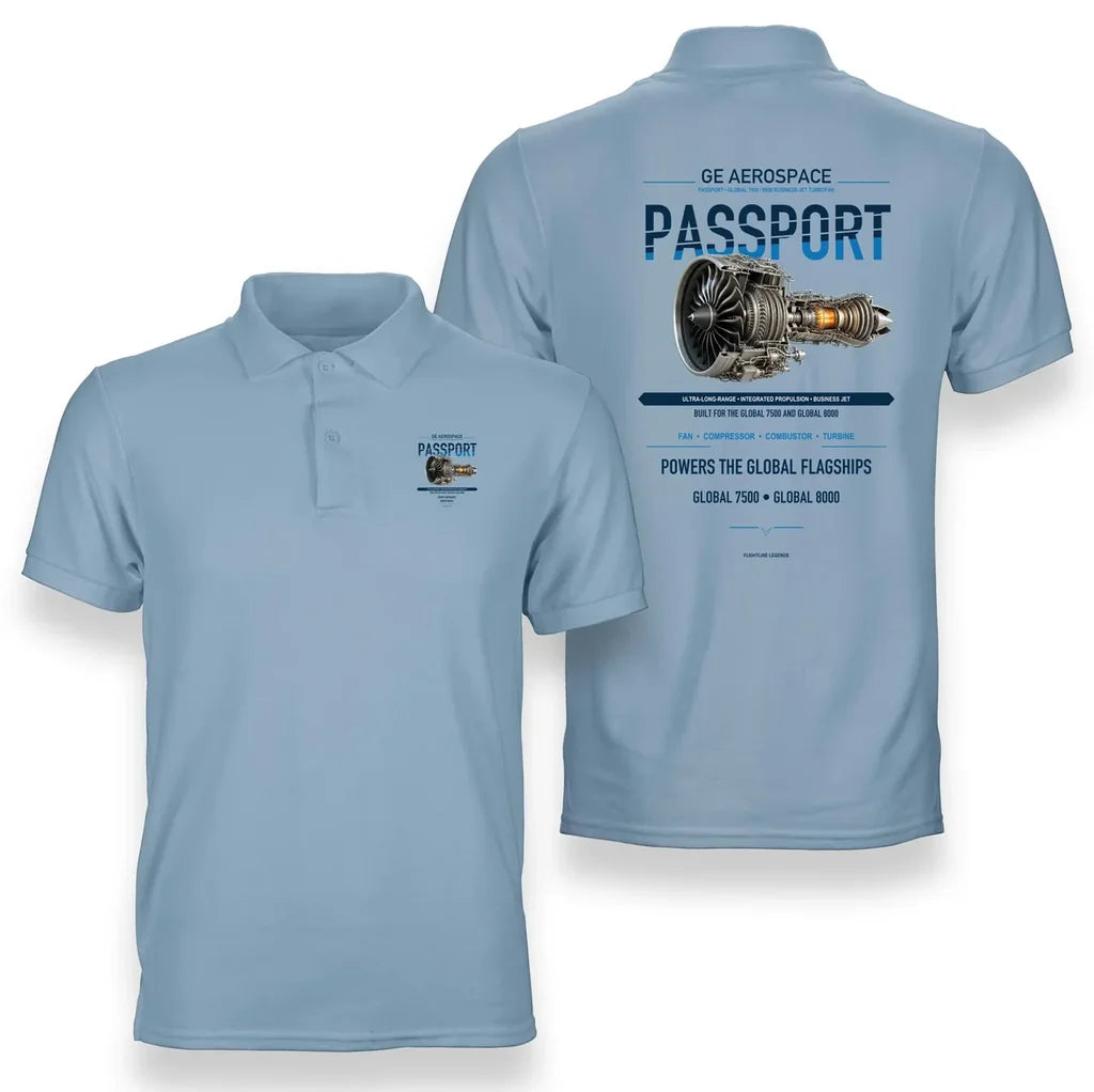 PASSPORT design on light blue polo