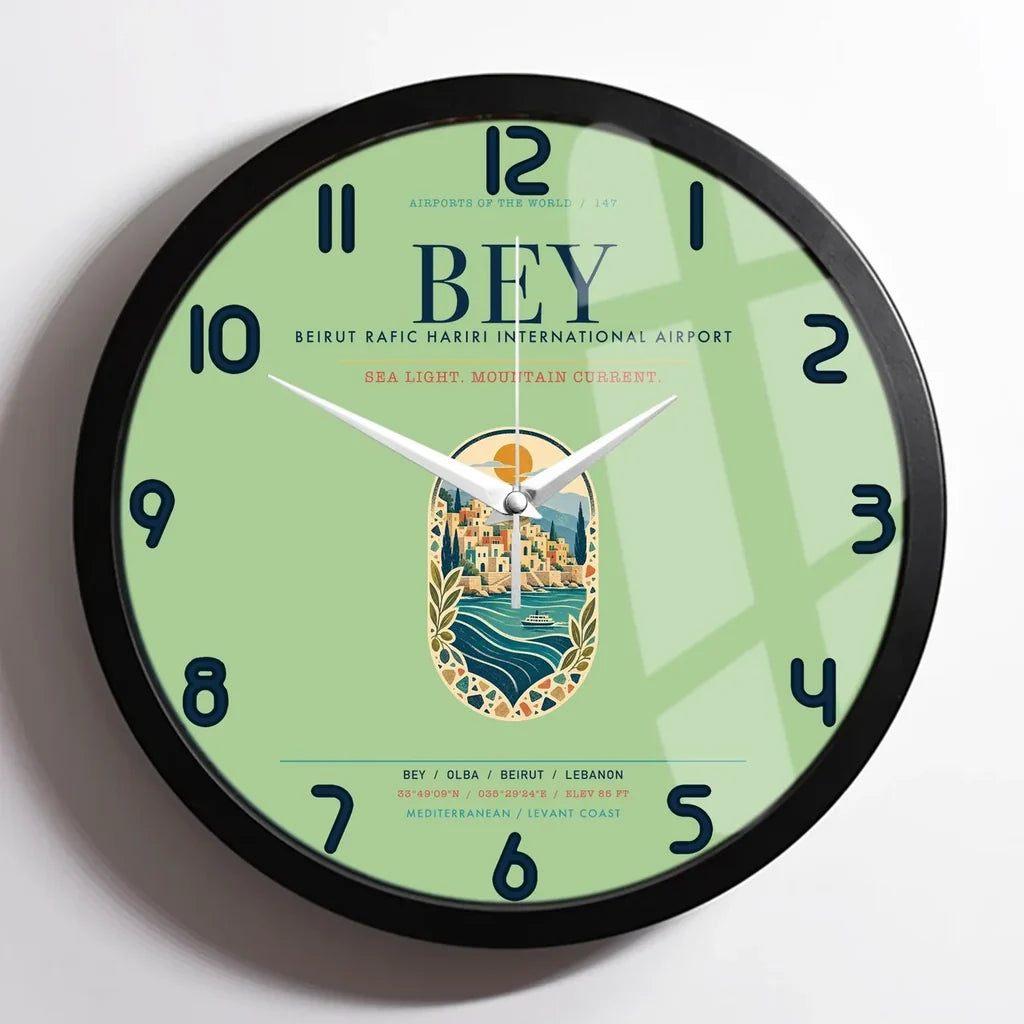Beirut Rafic Hariri International Airport (BEY) design on light green framed wall clock