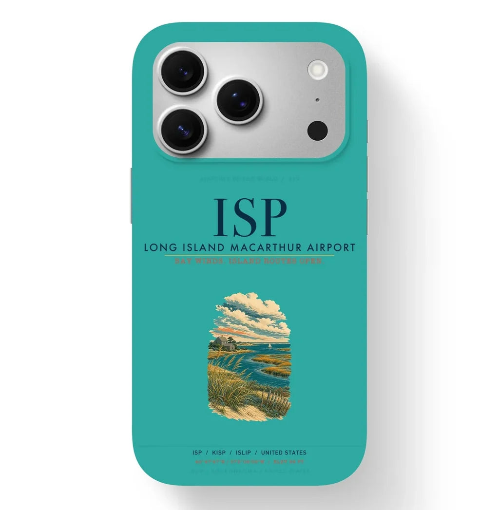 Long Island Airport (ISP) design on turquoise iPhone 17 Pro MagSafe case