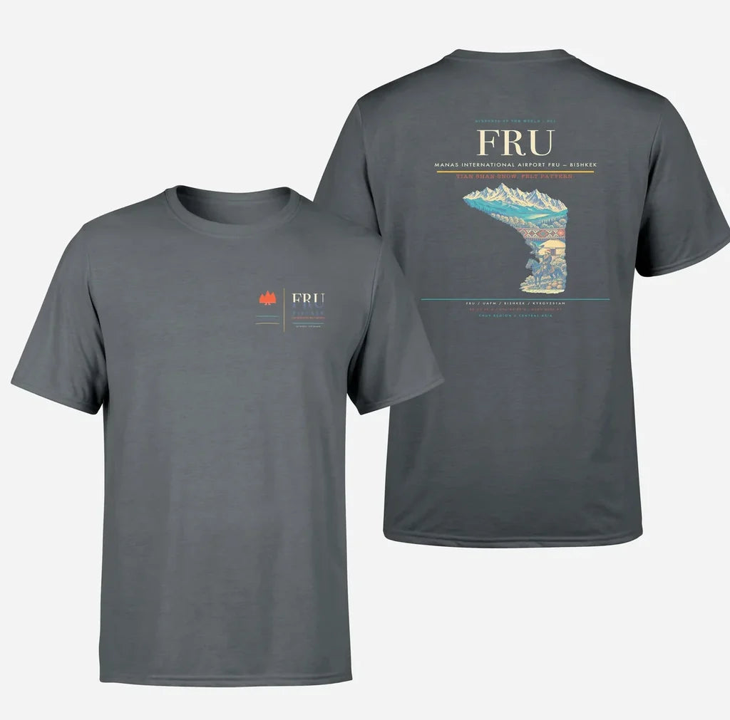 Manas International Airport (FRU) design printed on gray double-side t-shirt