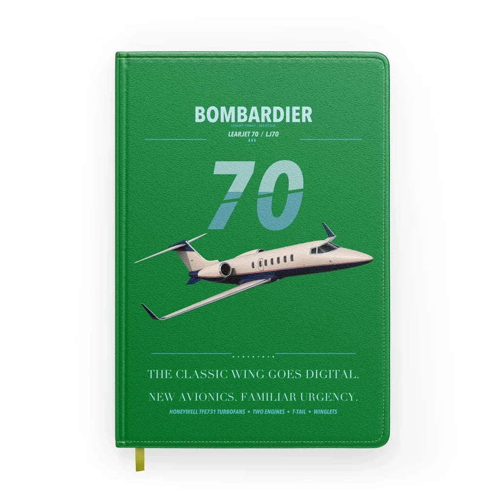 Bombardier Learjet 70 design on green notebook
