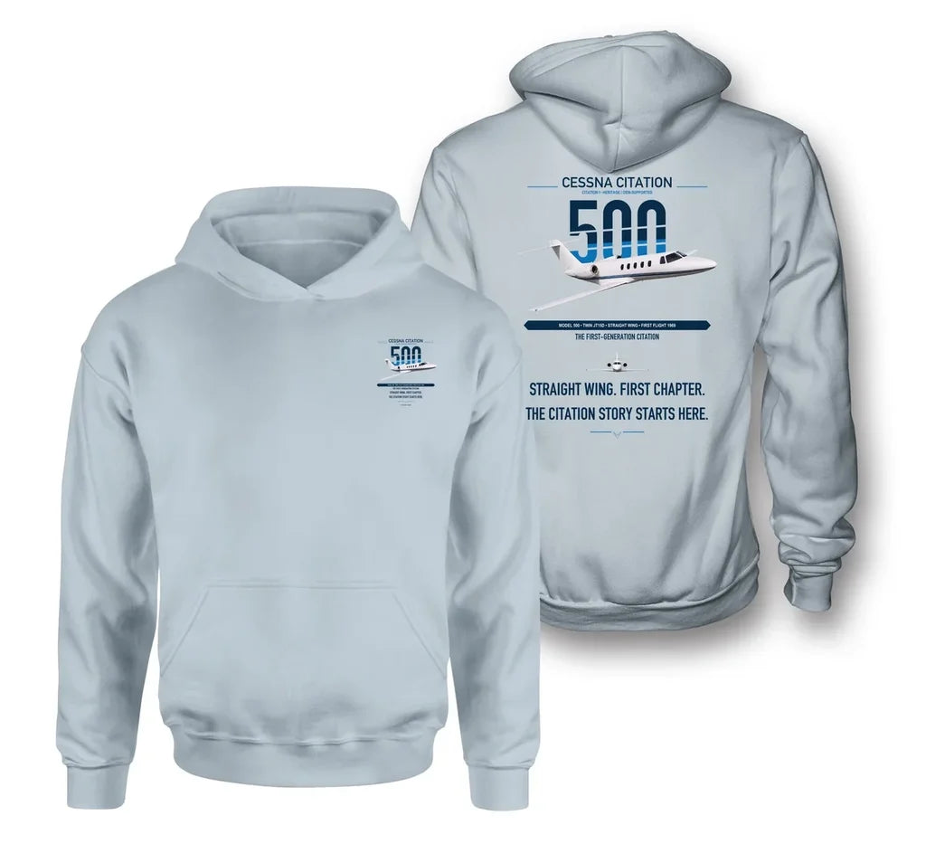 Cessna Citation 500 - Citation I design on light blue double-side hoodie, double-side print