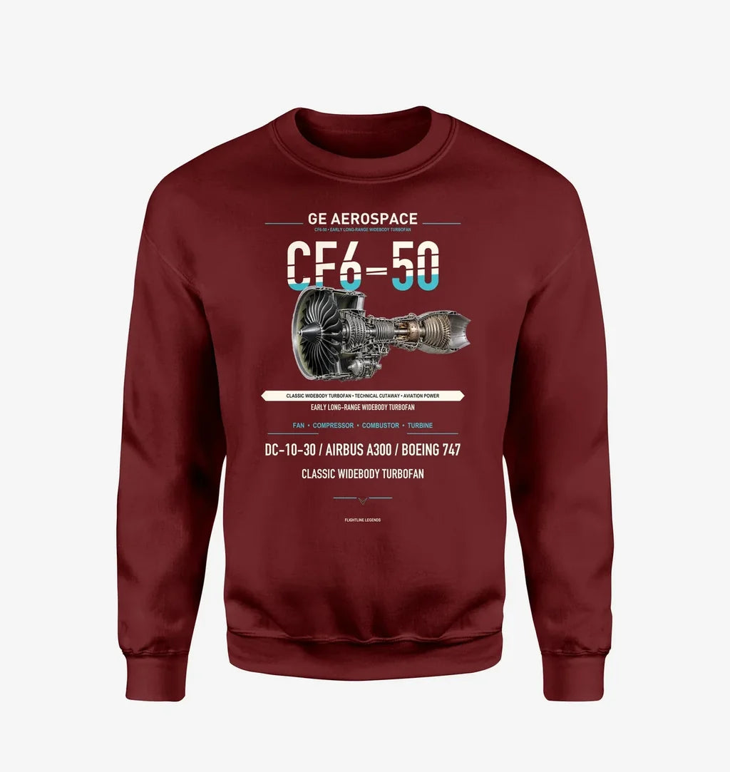 CF6-50 design on wine red sweatshirt