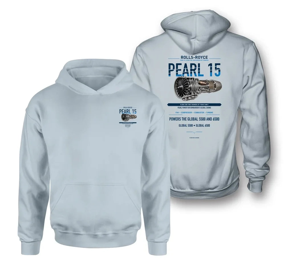 PEARL 15 design on light blue hoodie