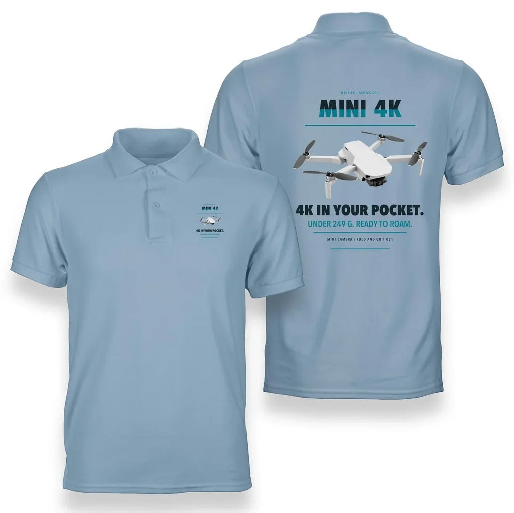 DJI Mini 4K design on light blue polo