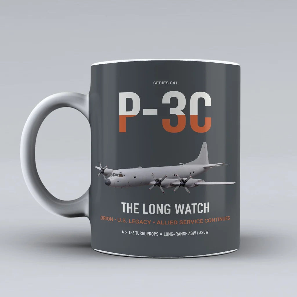 P-3C Orion design on gray ceramic mug, double-side print