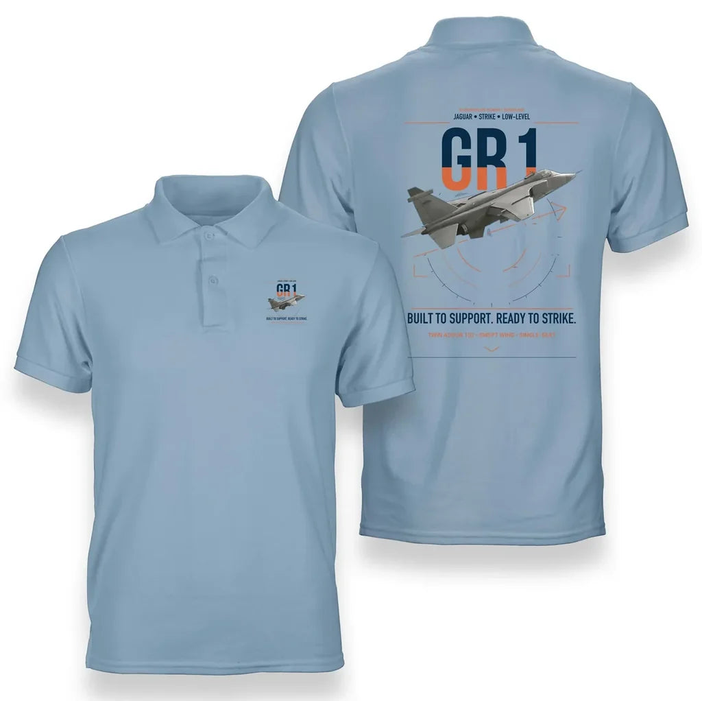 SEPECAT Jaguar GR1 design on light blue double-side polo t-shirt, double-side print