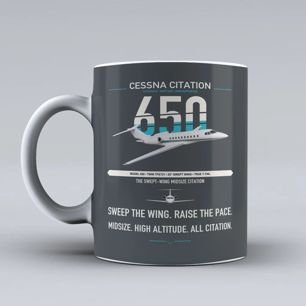 Cessna Citation 650 - Citation III design on gray ceramic mug, double-side print