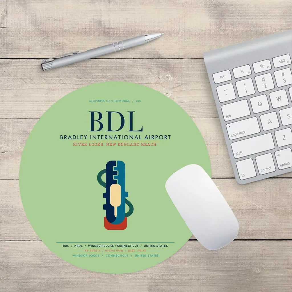 Bradley International Airport (BDL) design on light green round mouse pad