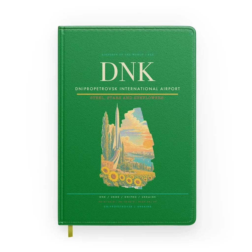 Dnipropetrovsk International Airport (DNK) design on green notebook