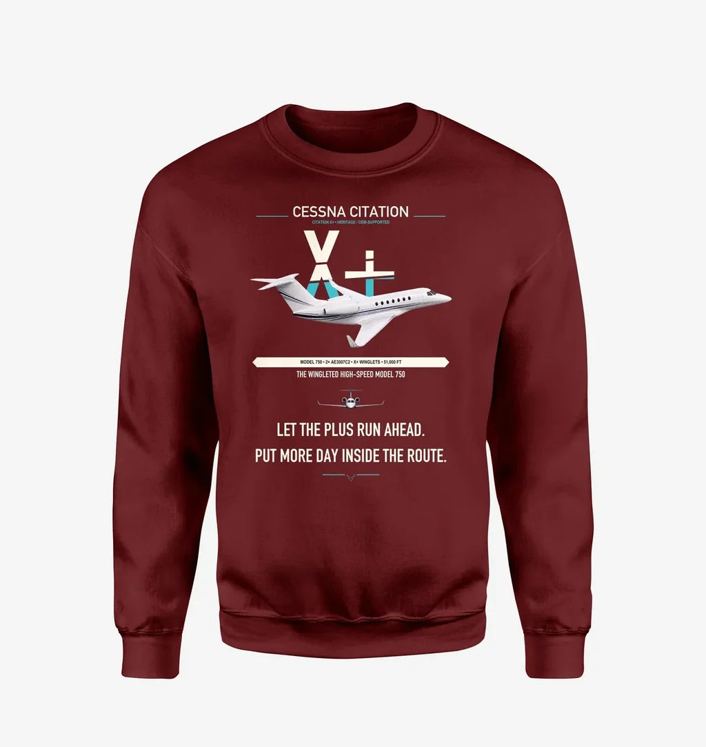 Cessna Citation X+ design on wine red sweatshirt