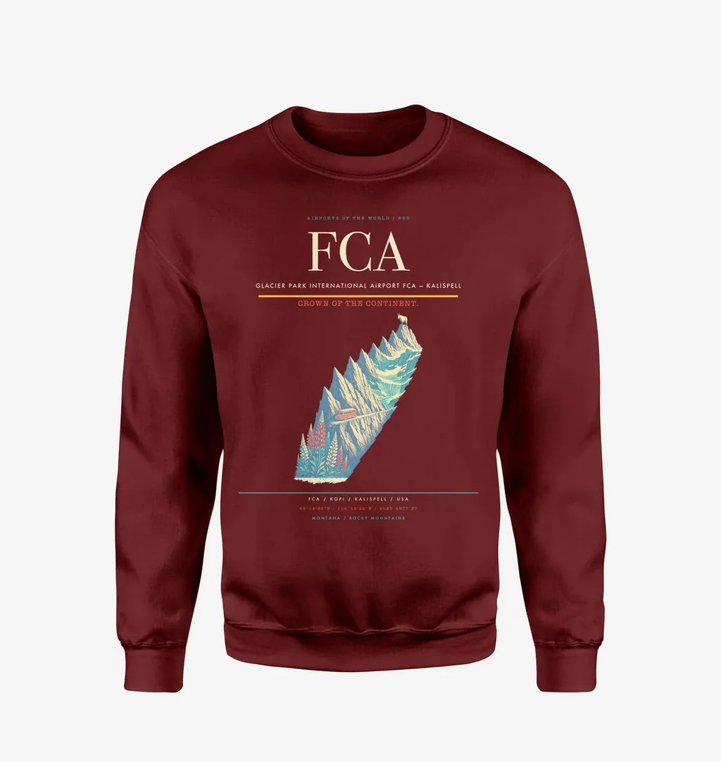 Glacier Park International Airport (FCA) design on wine red sweatshirt