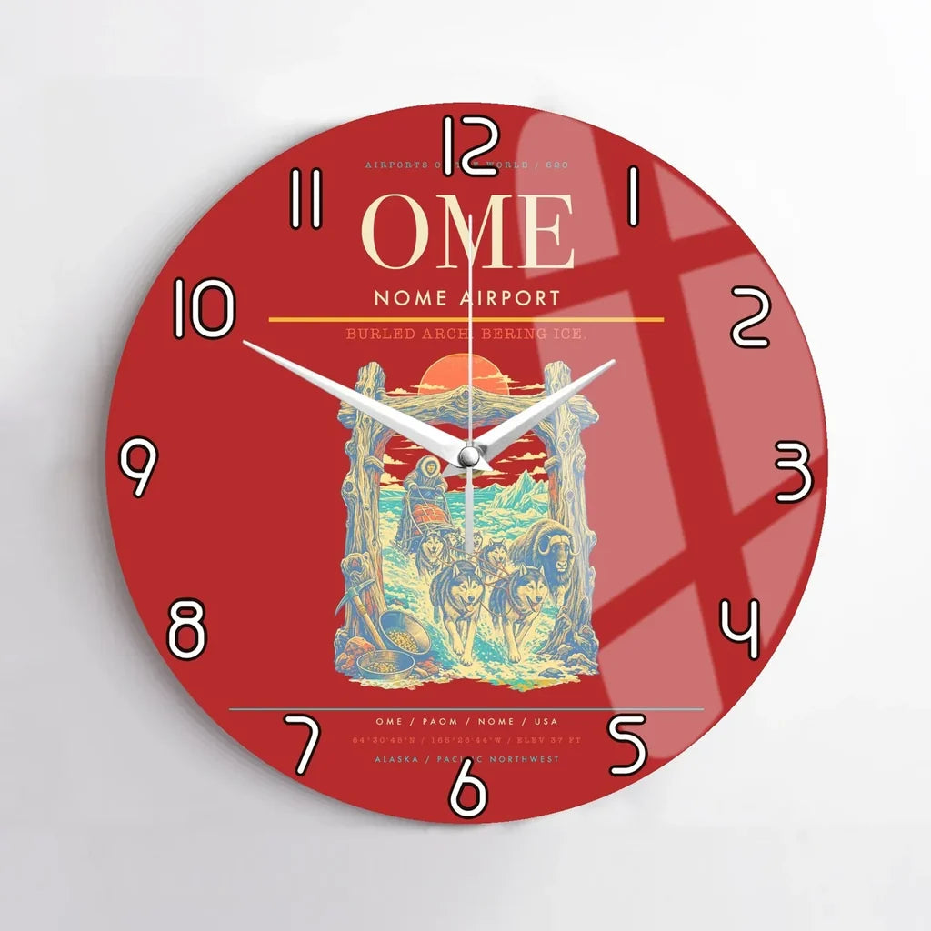 Nome Airport (OME) design on red no frame wall clock
