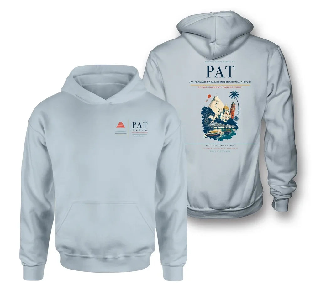 Jay Prakash Narayan International Airport (PAT) design on light blue double-side hoodie
