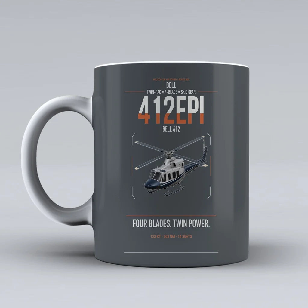 Bell 412EPI design on gray ceramic mug, double-side print