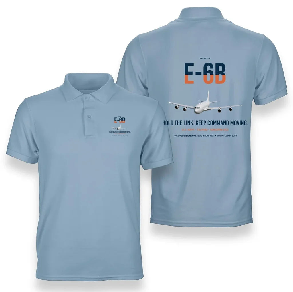 E-6B Mercury design on light blue double-side polo t-shirt, double-side print