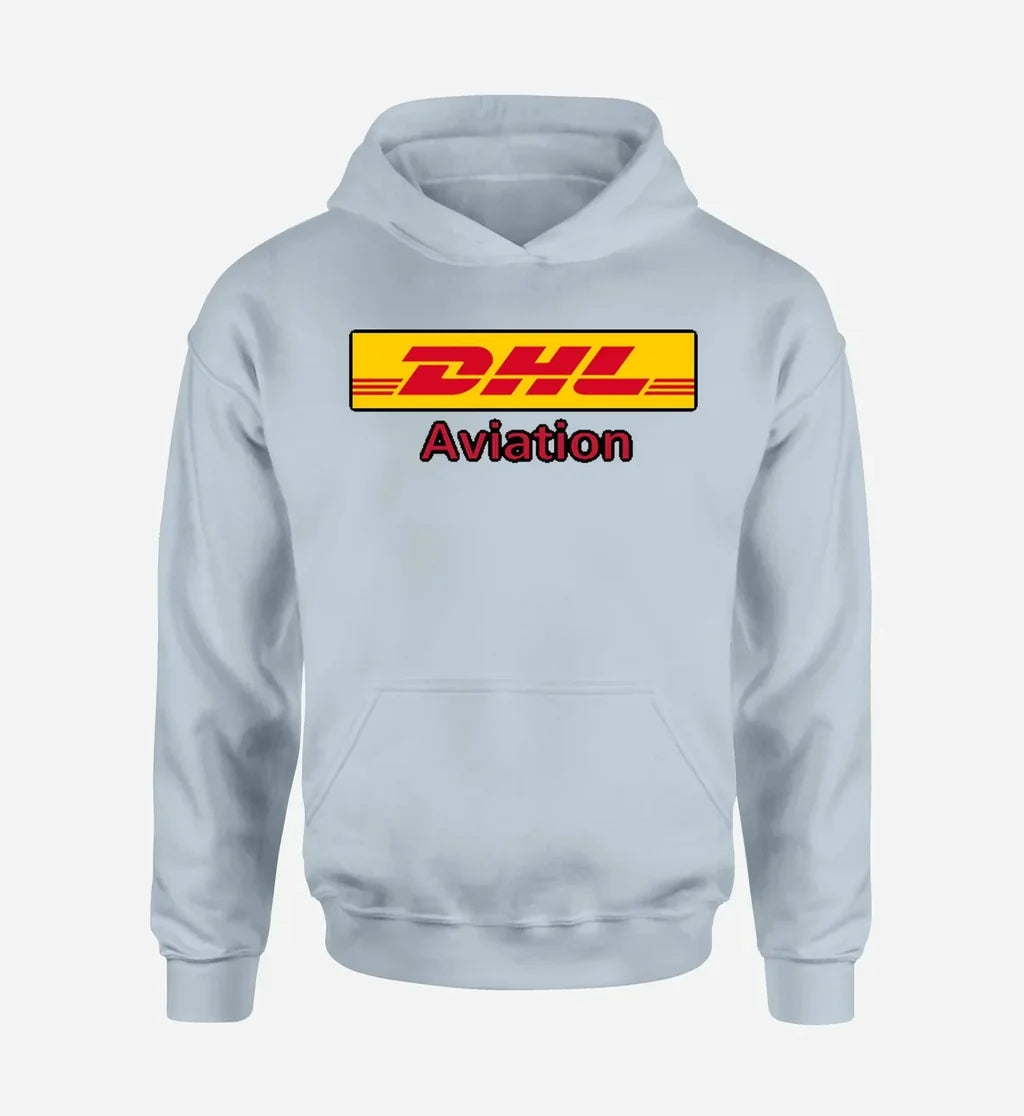 DHL Aviation logo printed on light blue hoodie