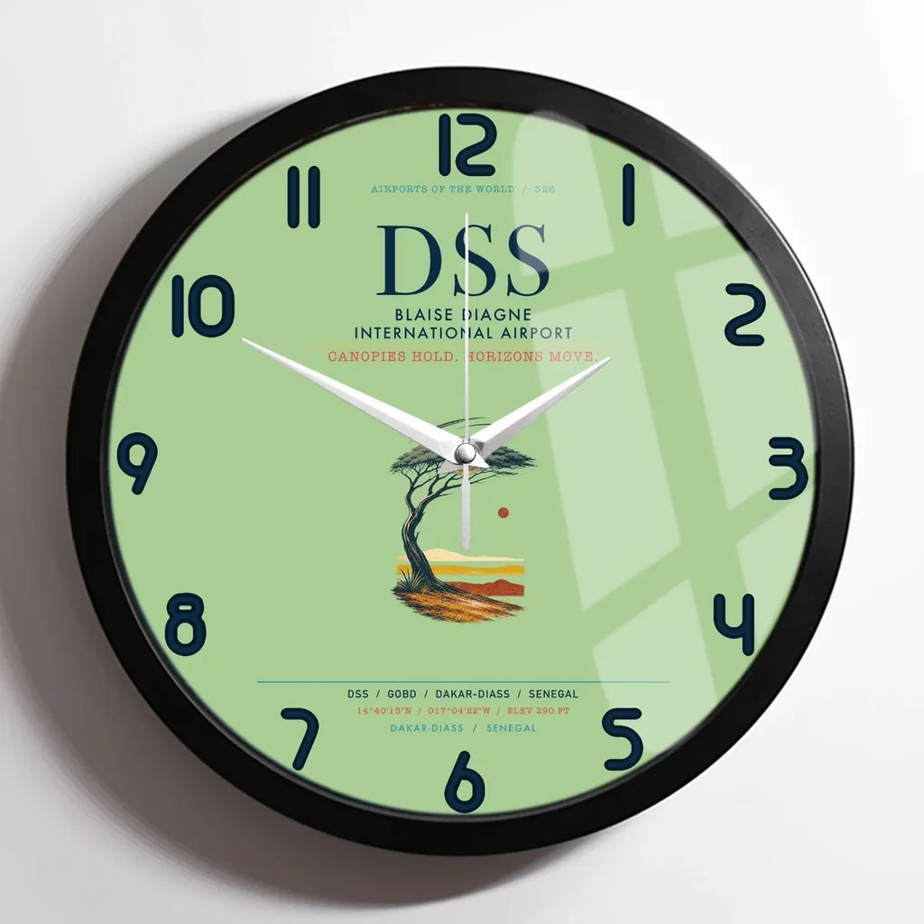 Blaise Diagne International Airport (DSS) design on light green framed wall clock