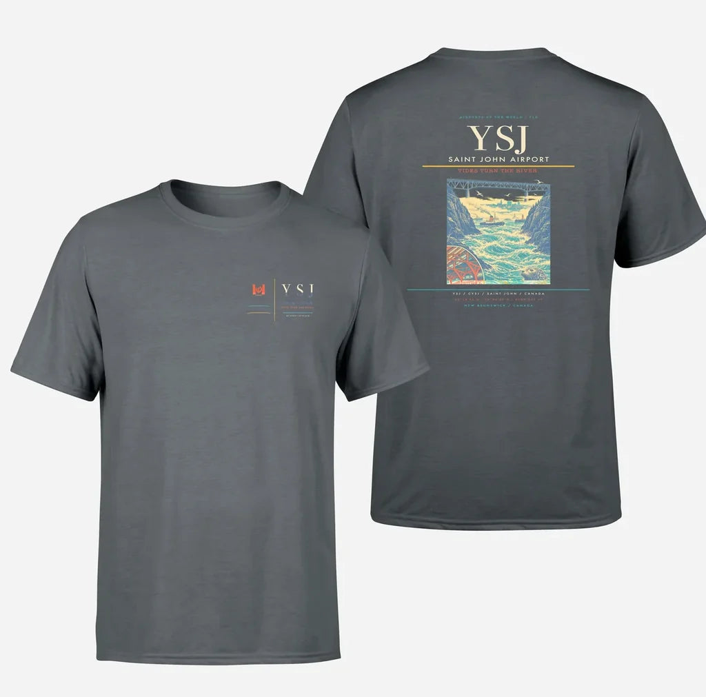 Saint John Airport (YSJ) design printed on gray double-side t-shirt