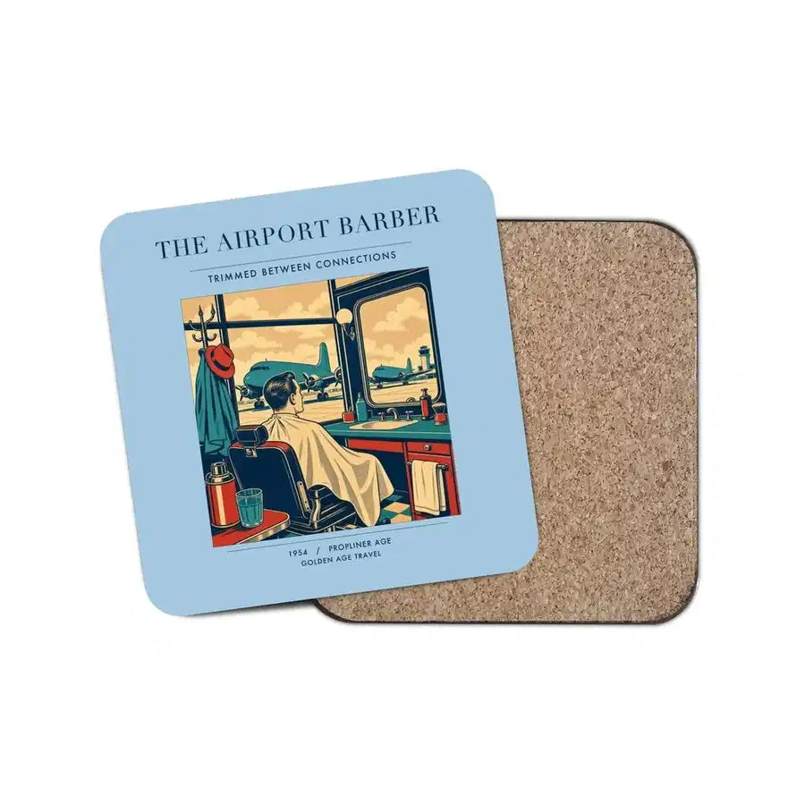 The Airport Barber - Designed Coasters design on light blue 1-piece