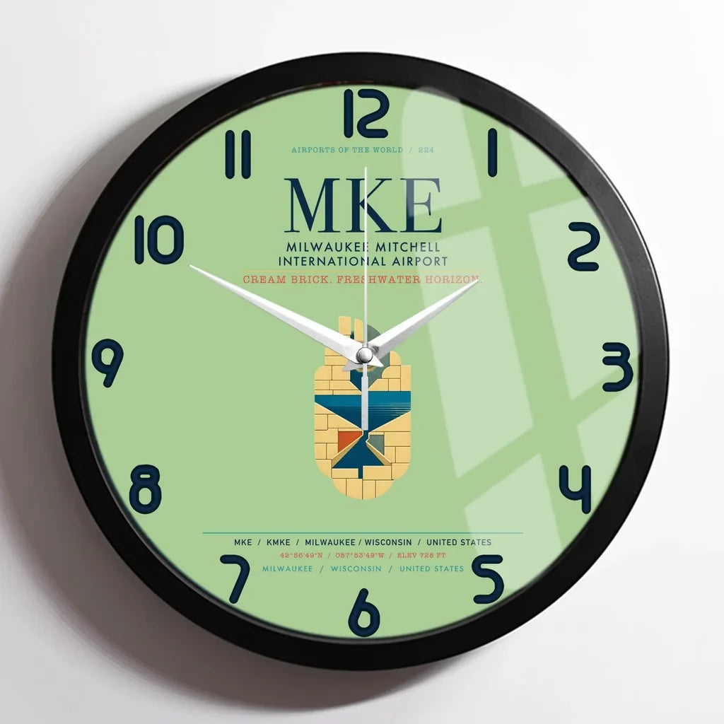 Milwaukee Mitchell International Airport (MKE) design on light green framed wall clock