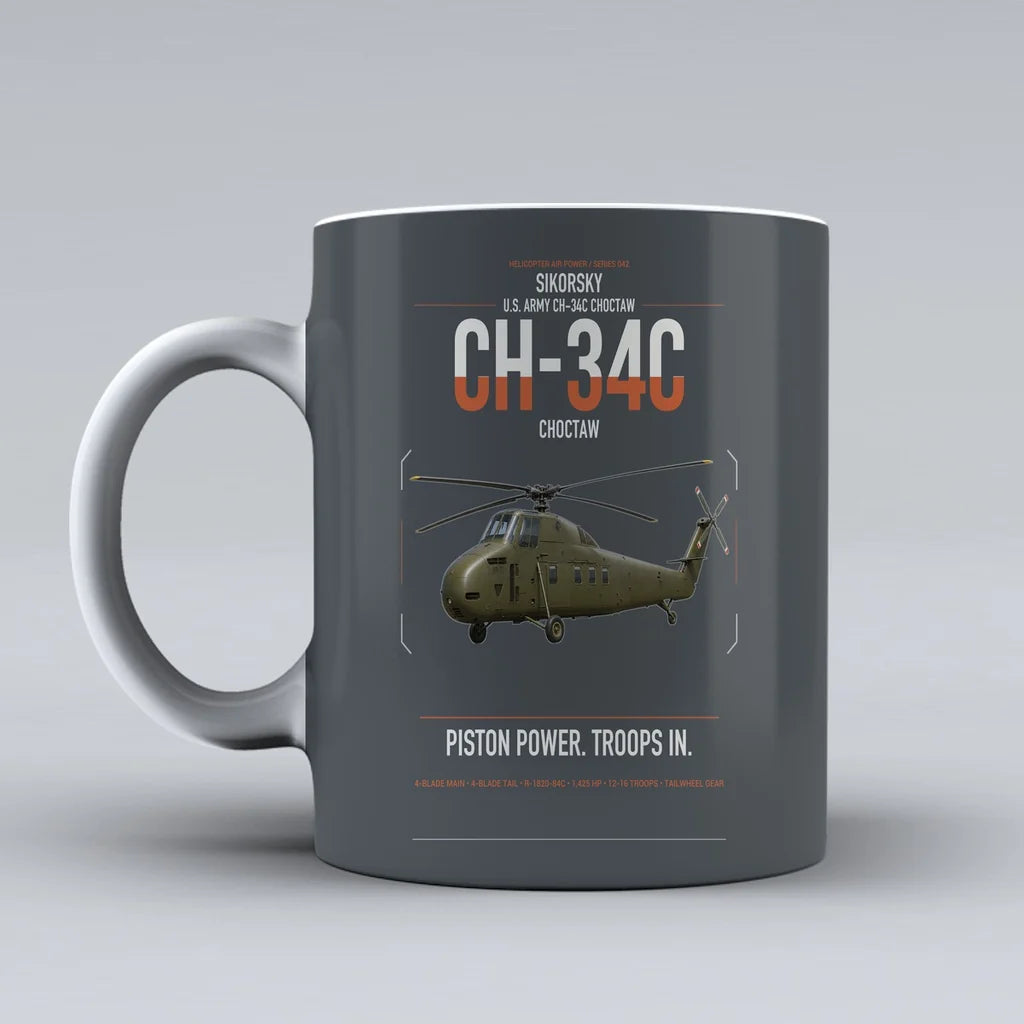 Sikorsky CH-34C Choctaw design on gray ceramic mug, double-side print