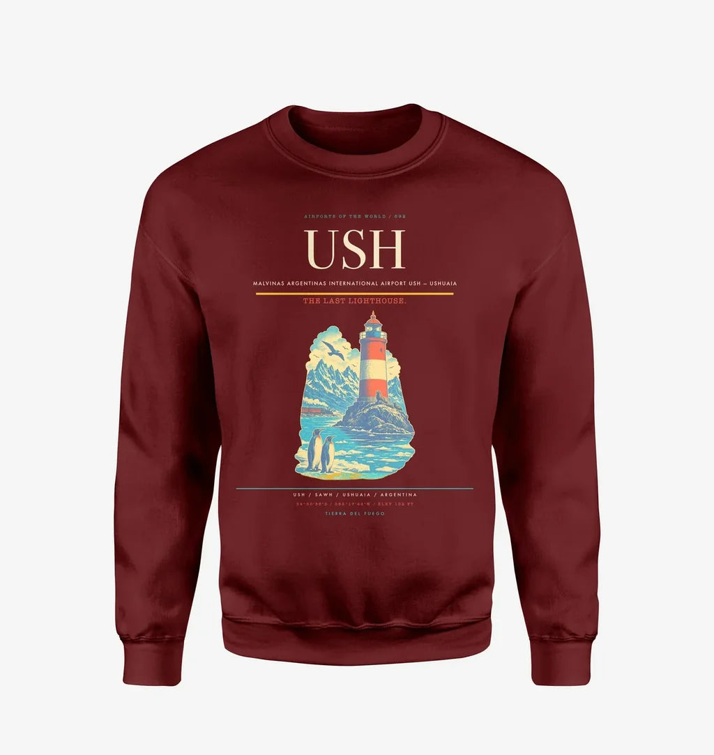 Malvinas Argentinas International Airport (USH) design on wine red sweatshirt