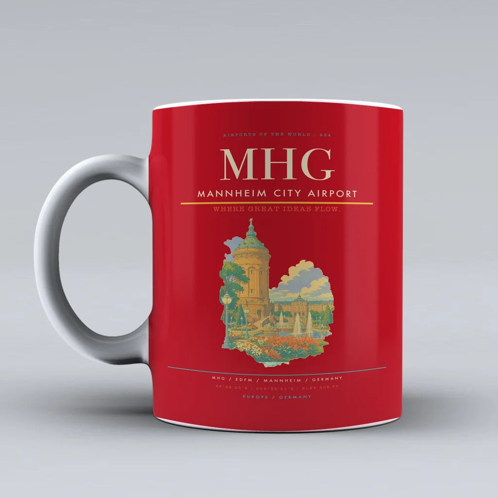 Mannheim City Airport (MHG) airport code design on red ceramic mug