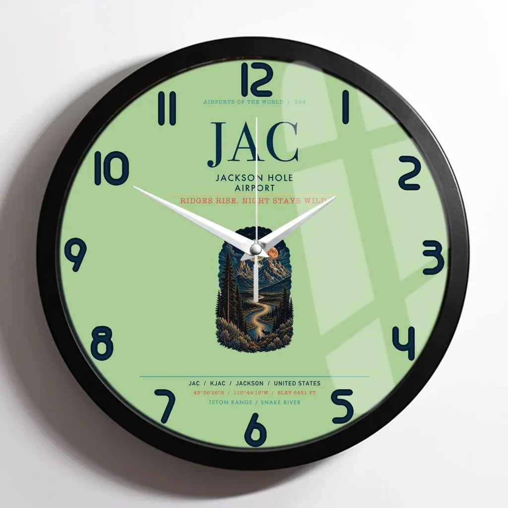 Jackson Hole Airport (JAC) design on light green framed wall clock