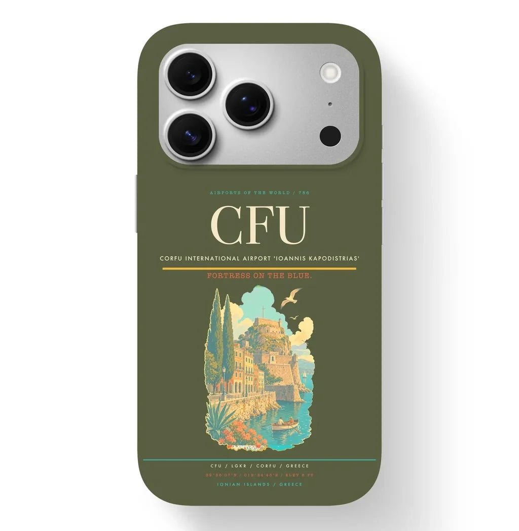 Corfu Airport (CFU) design on green army iPhone 17 Pro MagSafe case