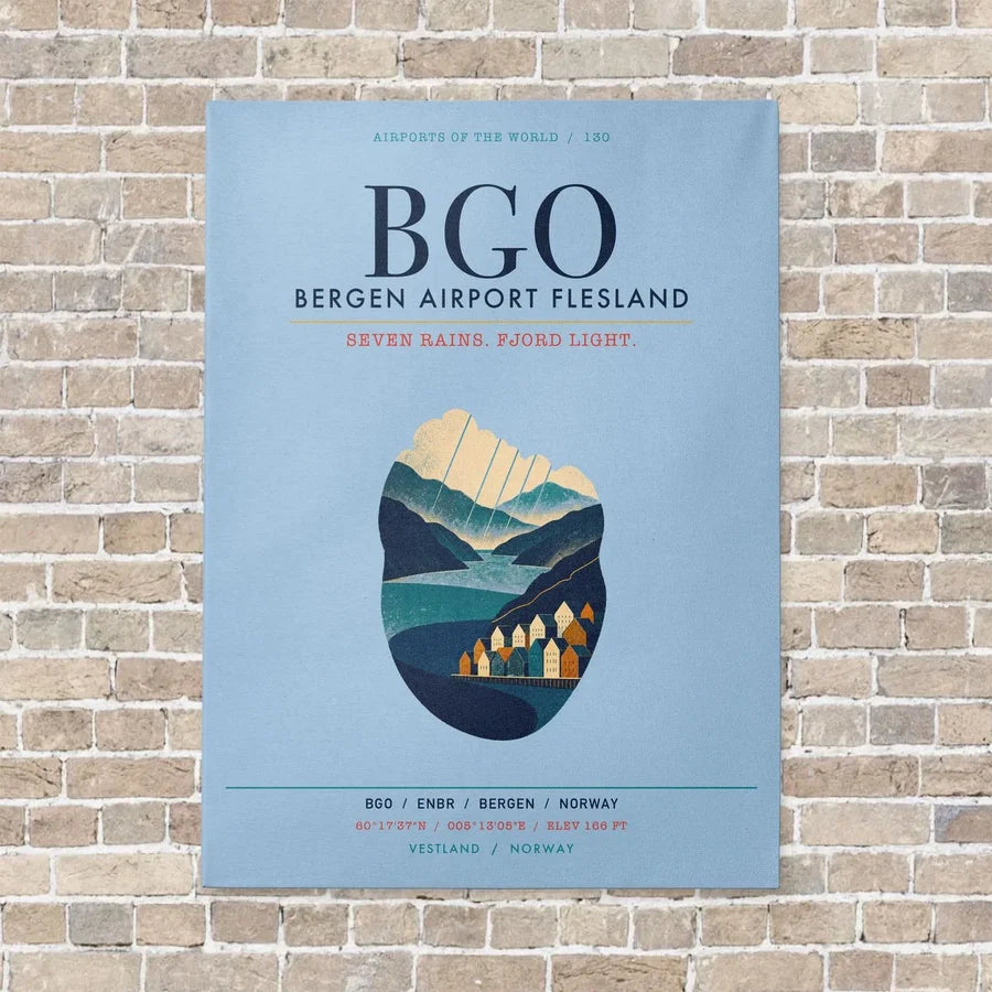 Bergen Airport Flesland BGO vertical canvas print - no frame - light blue background