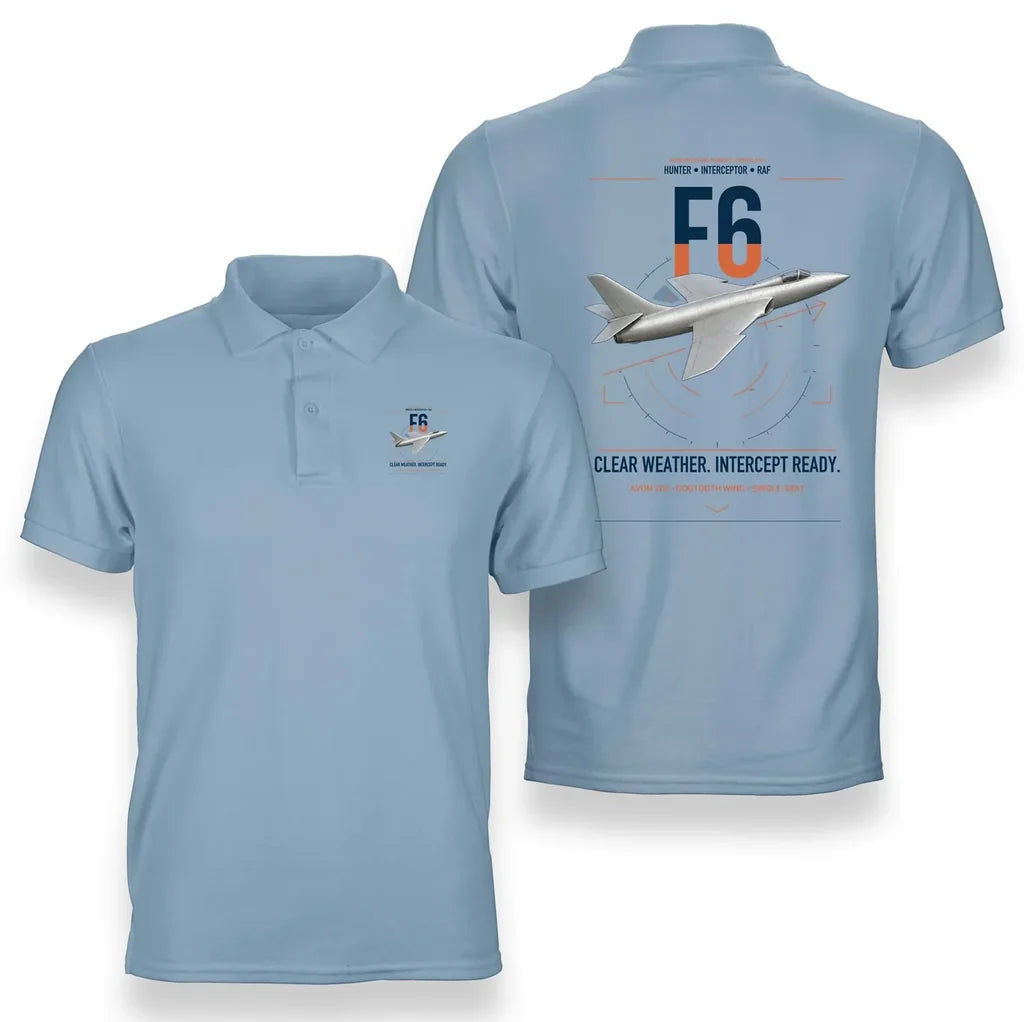 Hawker Hunter F6 design on light blue double-side polo t-shirt, double-side print