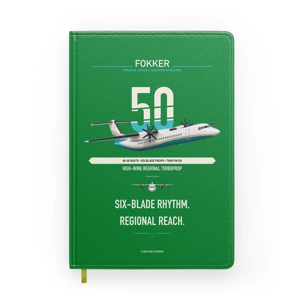 Fokker 50 design on green notebook
