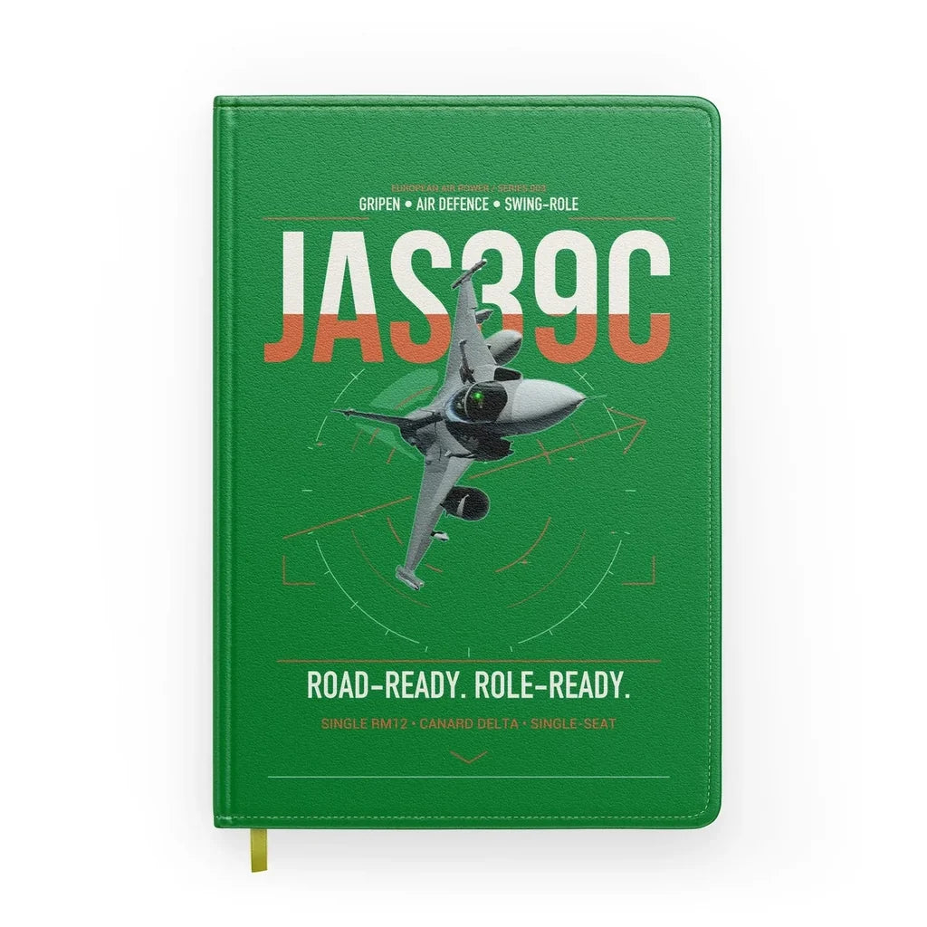 Saab JAS 39C Gripen design on green notebook