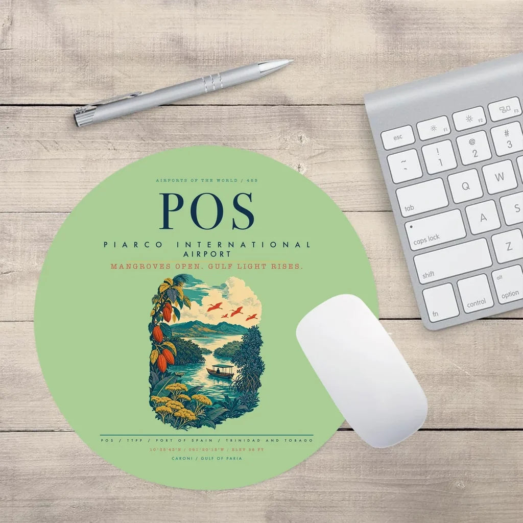 Piarco International Airport (POS) design on light green round mouse pad