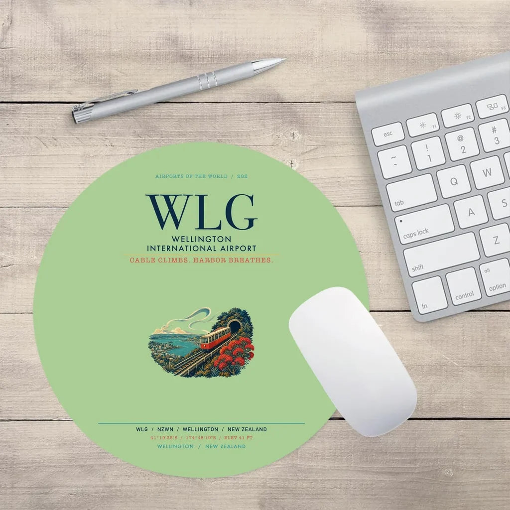 Wellington International Airport (WLG) design on light green round mouse pad