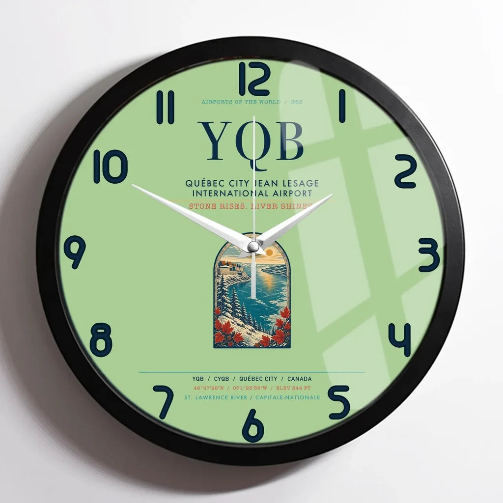 Québec City Jean Lesage International Airport (YQB) design on light green framed wall clock