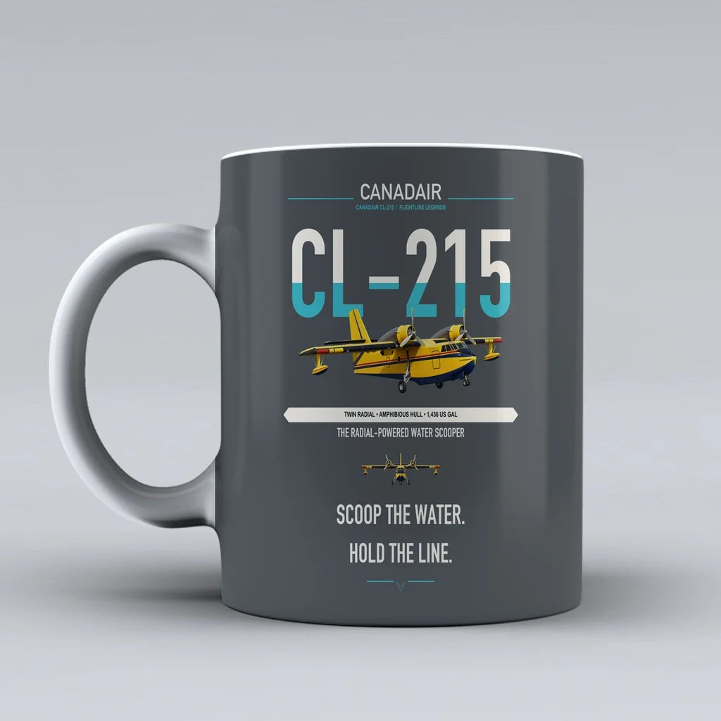 Canadair CL-215 design on gray ceramic mug, double-side print