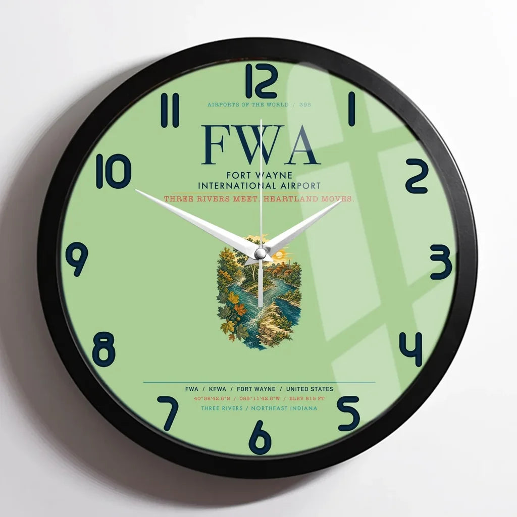Fort Wayne International Airport (FWA) design on light green framed wall clock