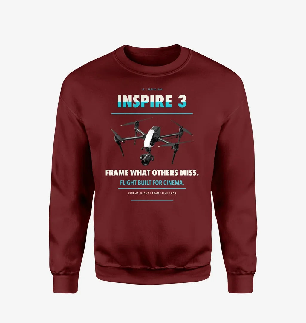 DJI Inspire 3 design on wine red sweatshirt