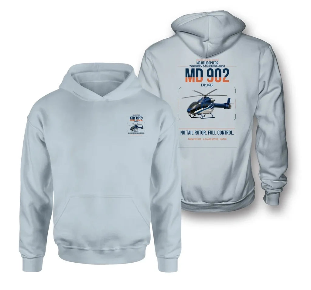 MD Helicopters MD 902 Explorer design on light blue double-side hoodie, double-side print