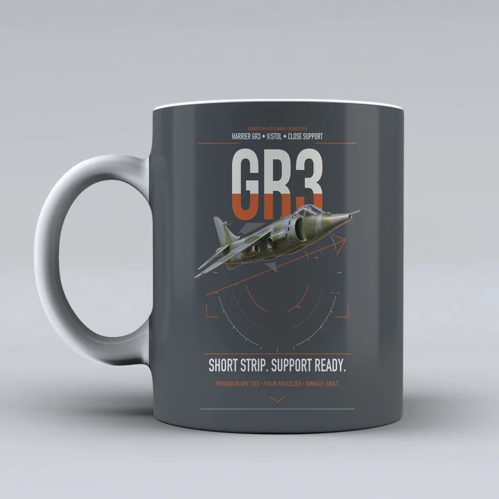 Hawker Siddeley Harrier GR3 design on gray ceramic mug, double-side print