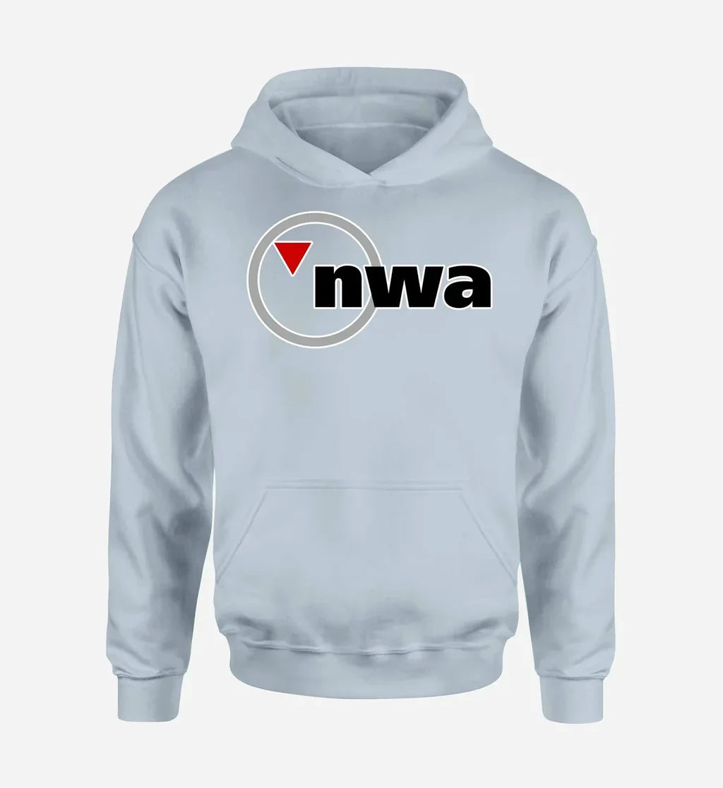 Northwest Airlines NEW logo printed on light blue hoodie