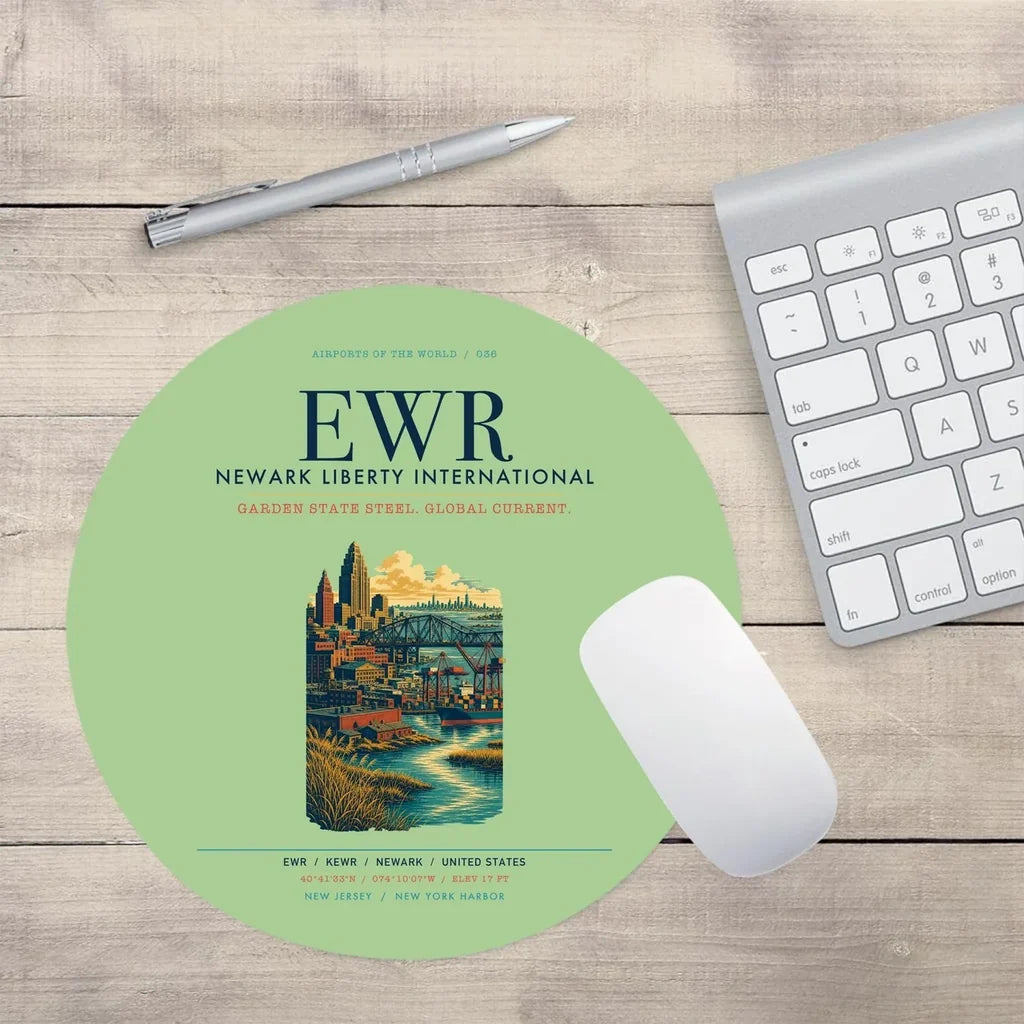 Newark Liberty International Airport (EWR) design on light green round mouse pad