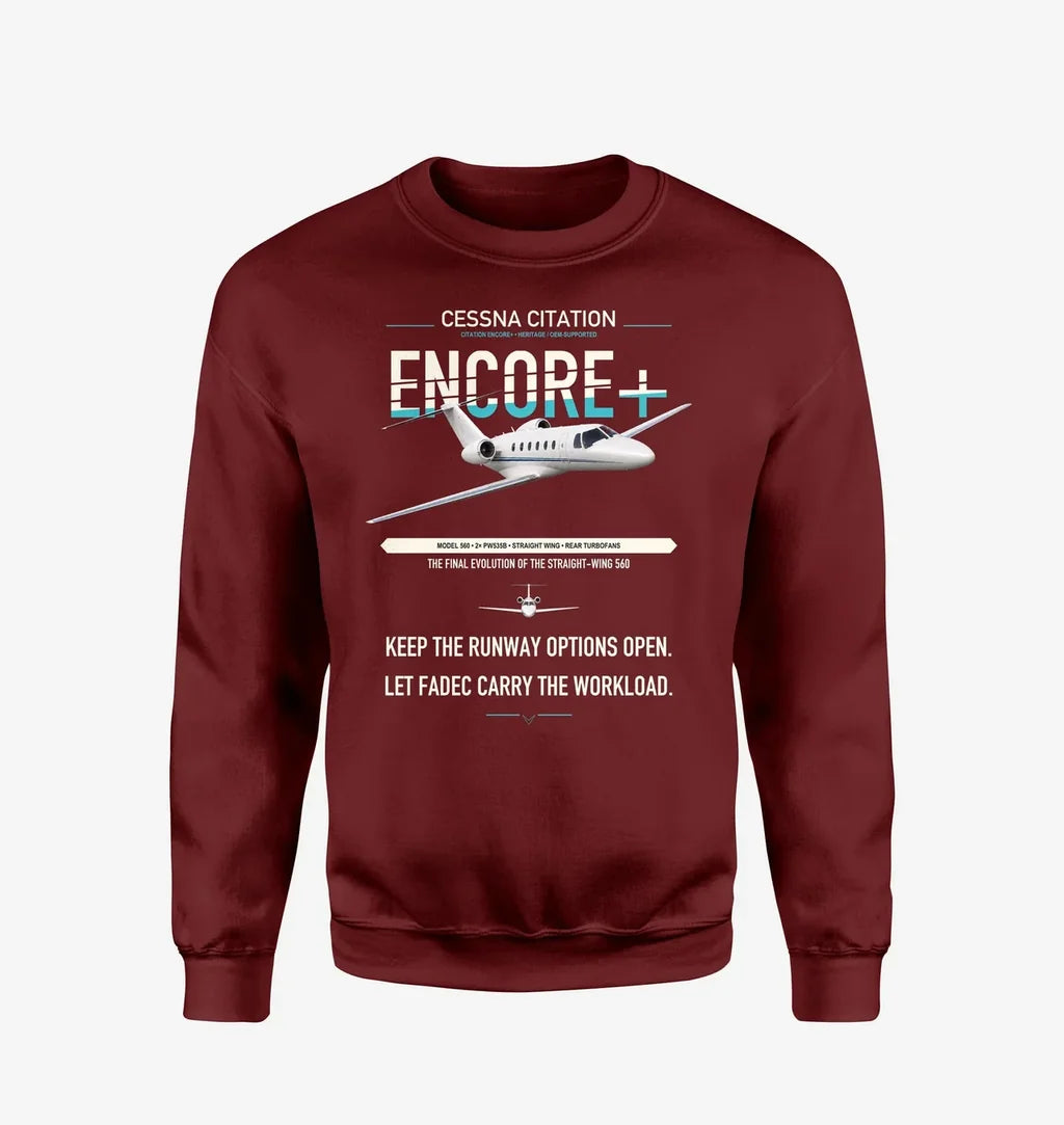 Cessna Citation Encore+ design on wine red sweatshirt