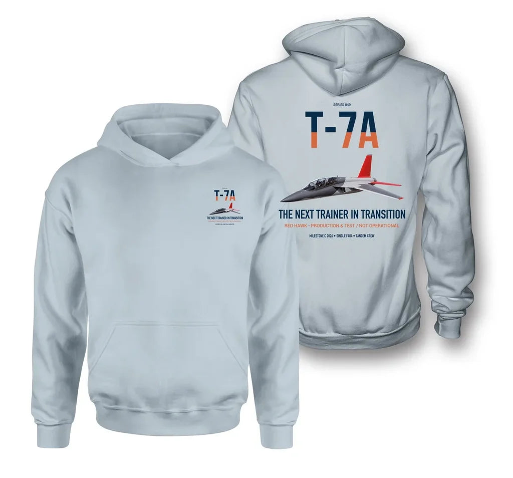T-7A Red Hawk design on light blue double-side hoodie, double-side print