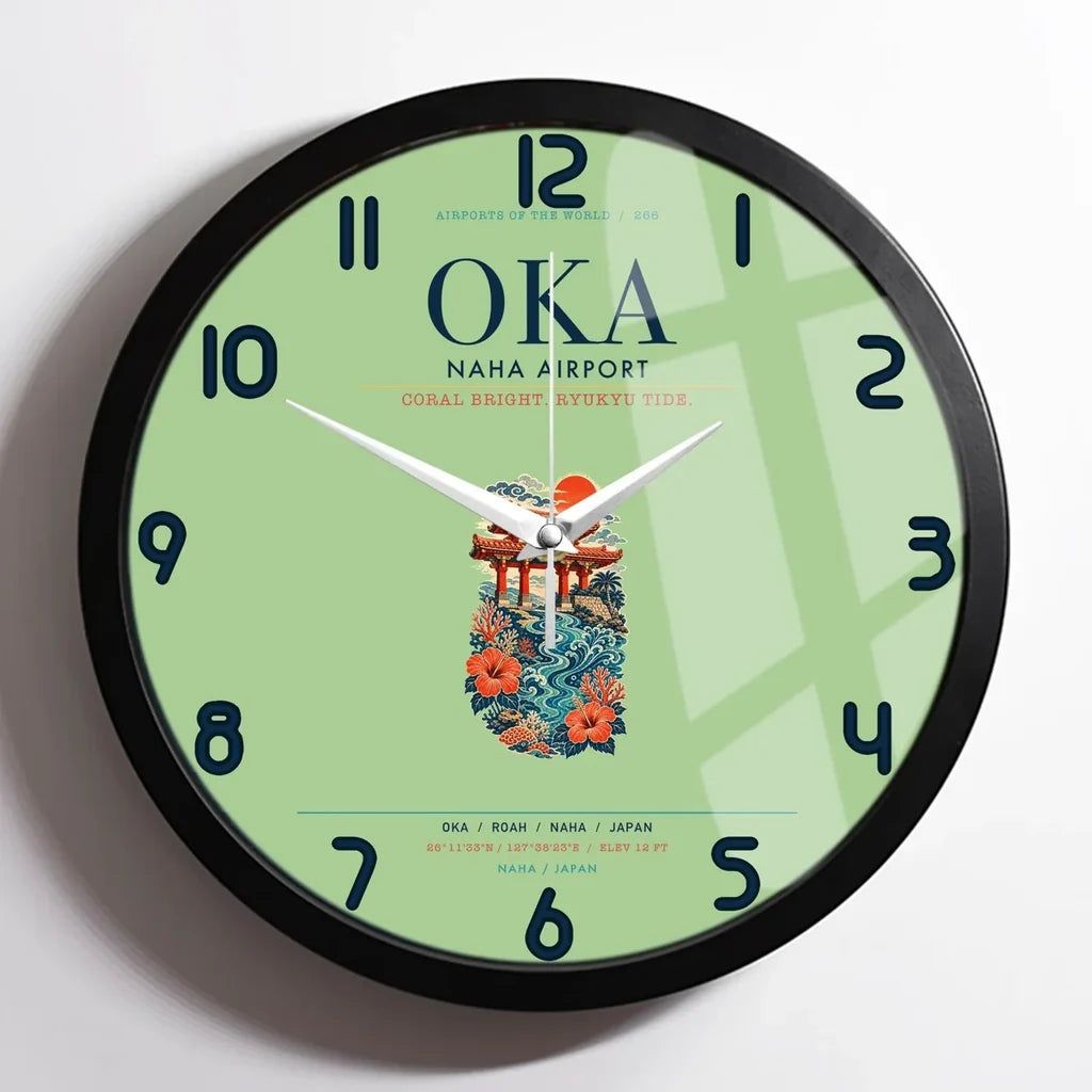 Naha Airport (OKA) design on light green framed wall clock