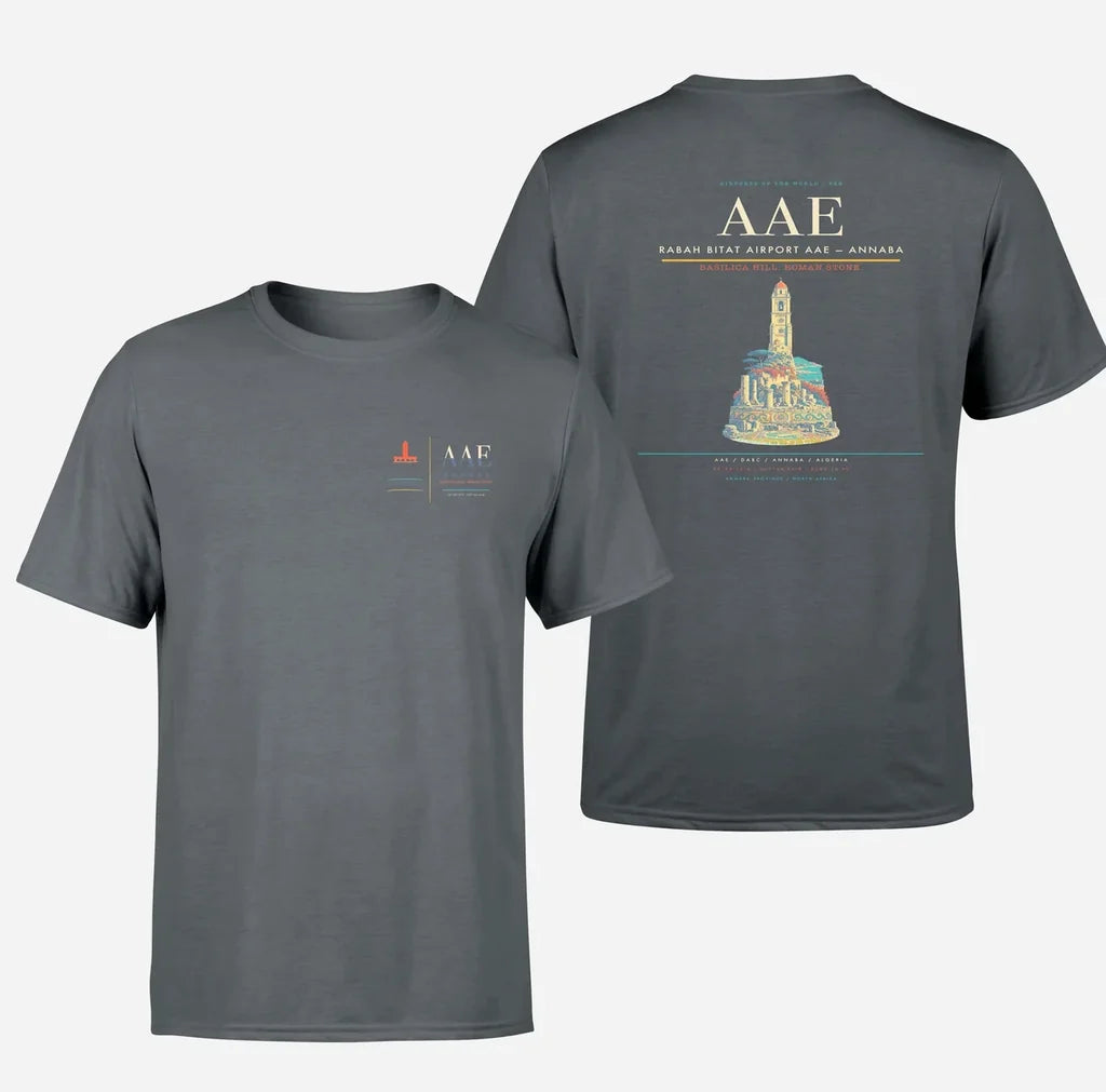 Rabah Bitat Airport (AAE) design printed on gray double-side t-shirt