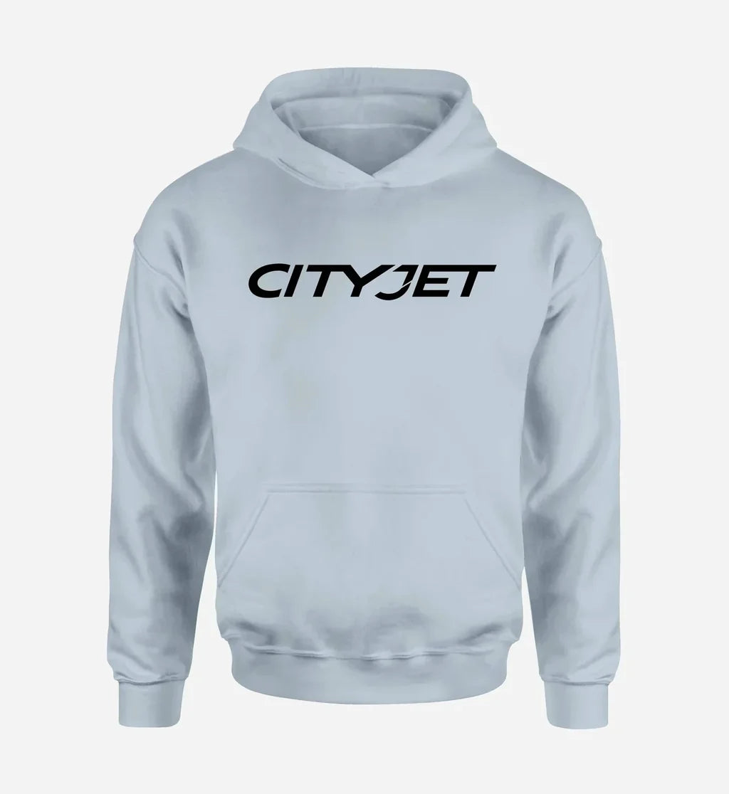 City Jet Airlines logo printed on light blue hoodie